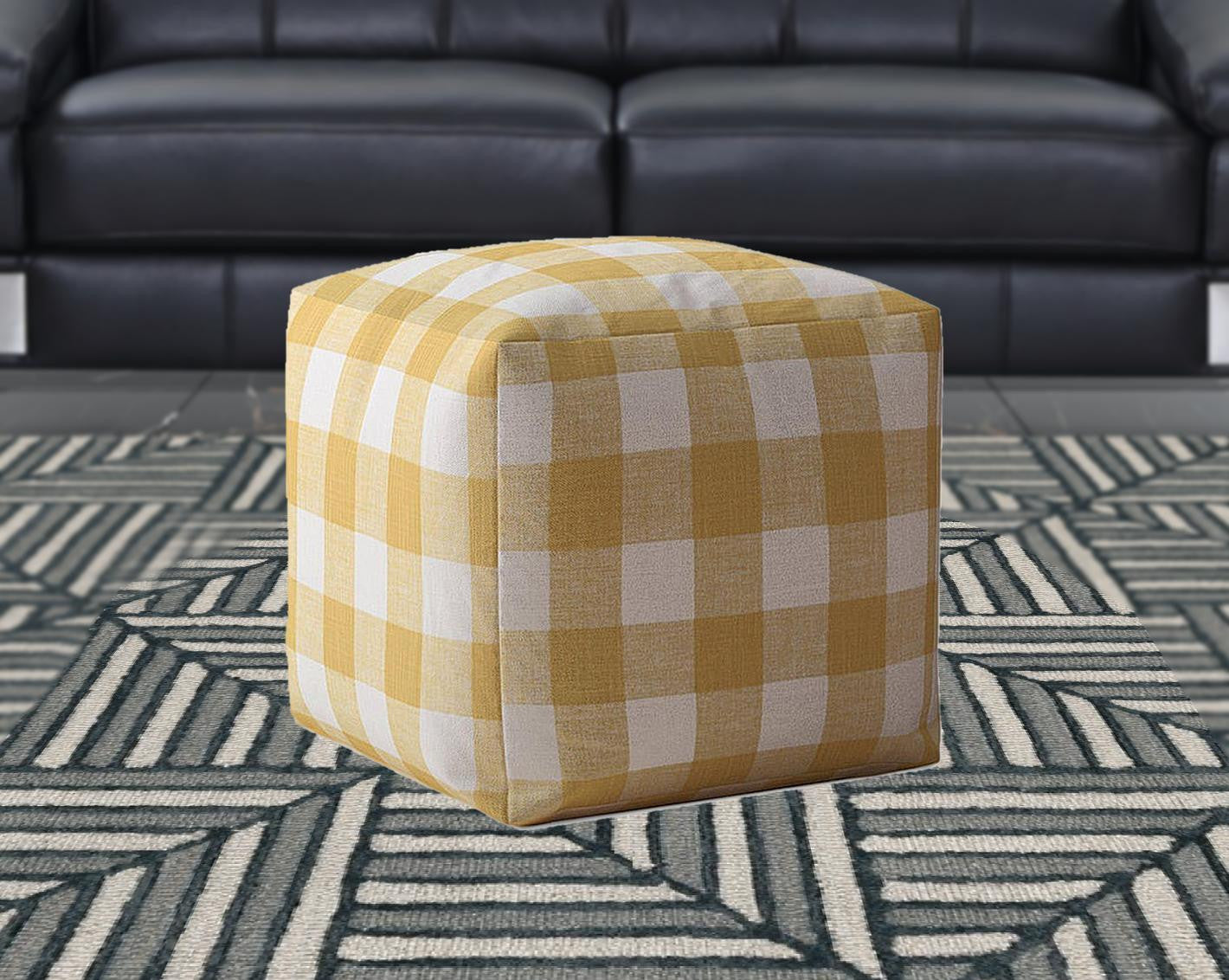 17" Yellow And White Canvas Gingham Pouf Ottoman