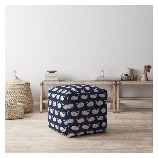 17" Blue And White Twill Animal Print Pouf Ottoman