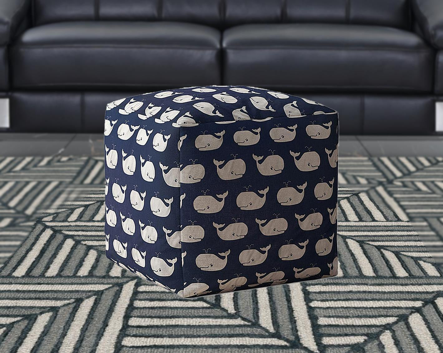 17" Blue And White Twill Animal Print Pouf Ottoman