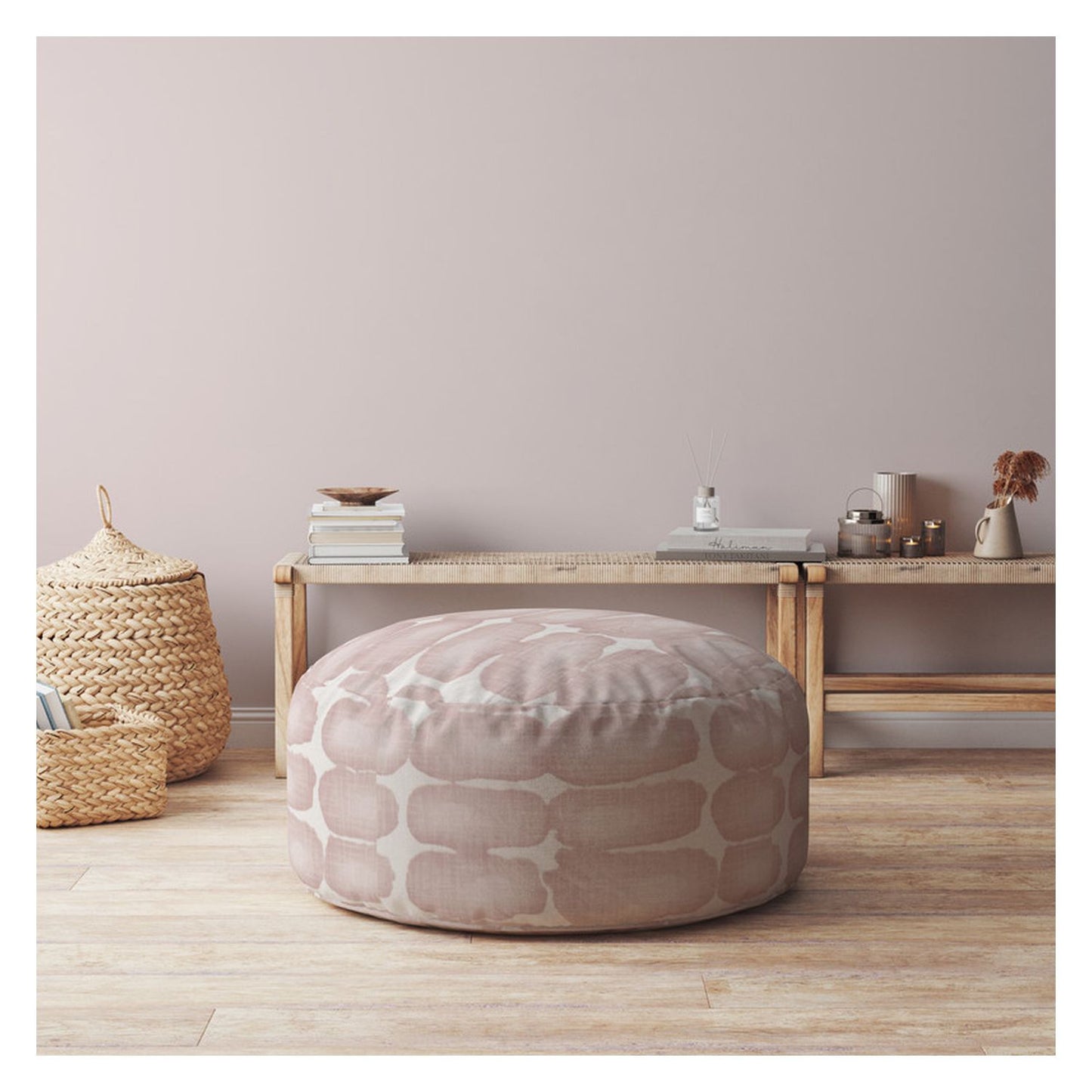 24" Pink And White Canvas Round Abstract Pouf Ottoman