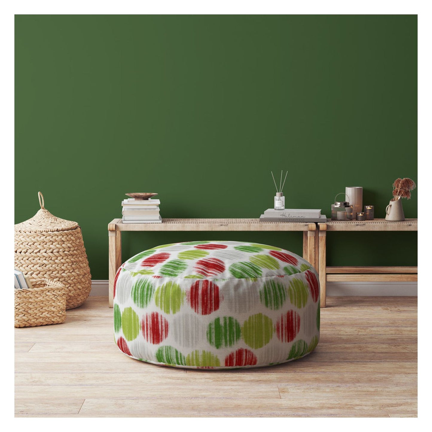 24" Green And White Cotton Round Polka Dots Pouf Ottoman