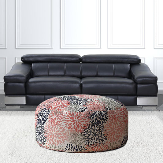 24" Coral Polyester Round Floral Pouf Ottoman