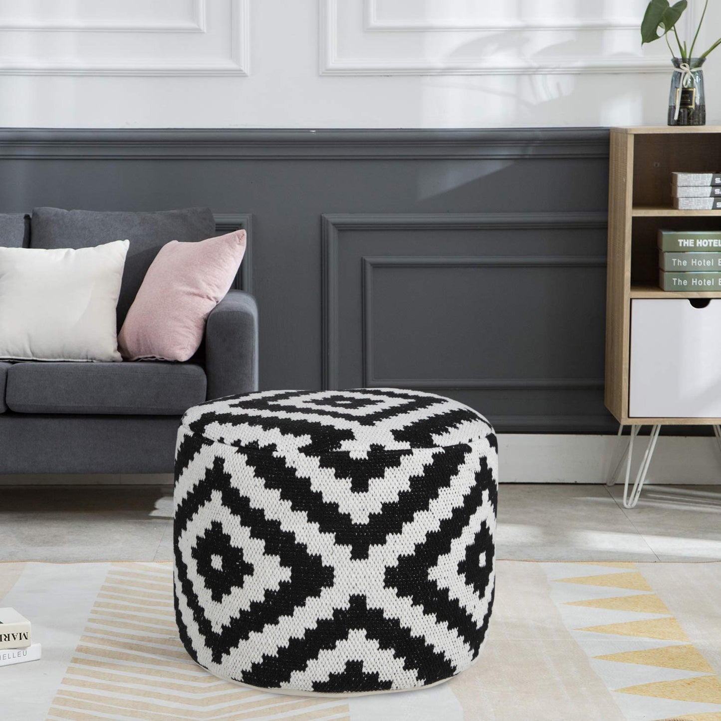 18" Black Cotton Blend Ottoman