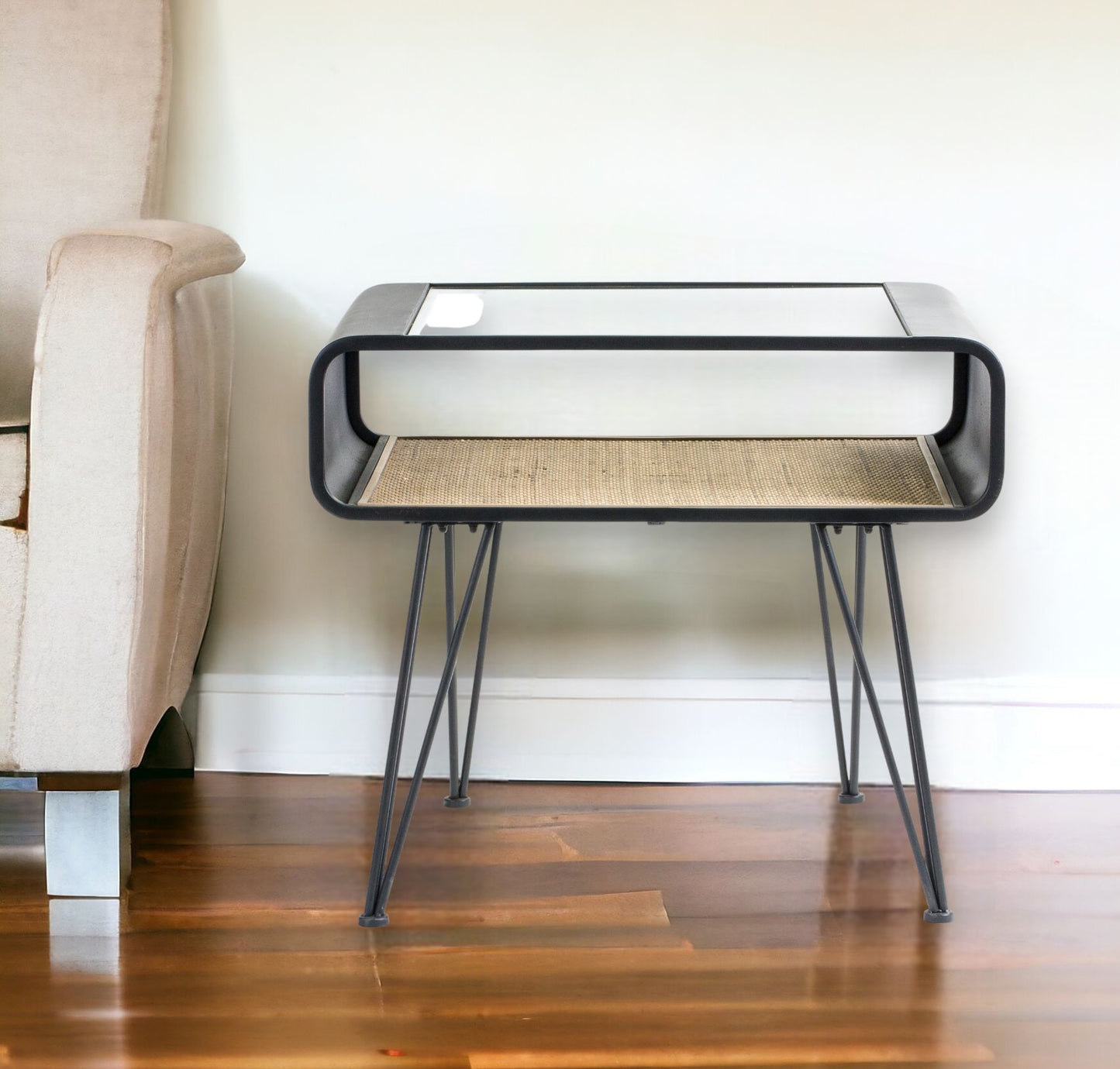 21" Black Metal and Glass End Table With Shelf