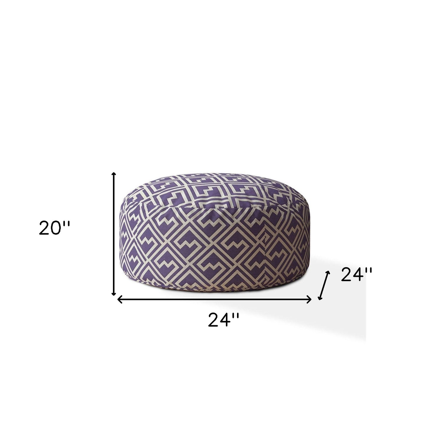 24" Purple And White Cotton Round Damask Pouf Ottoman