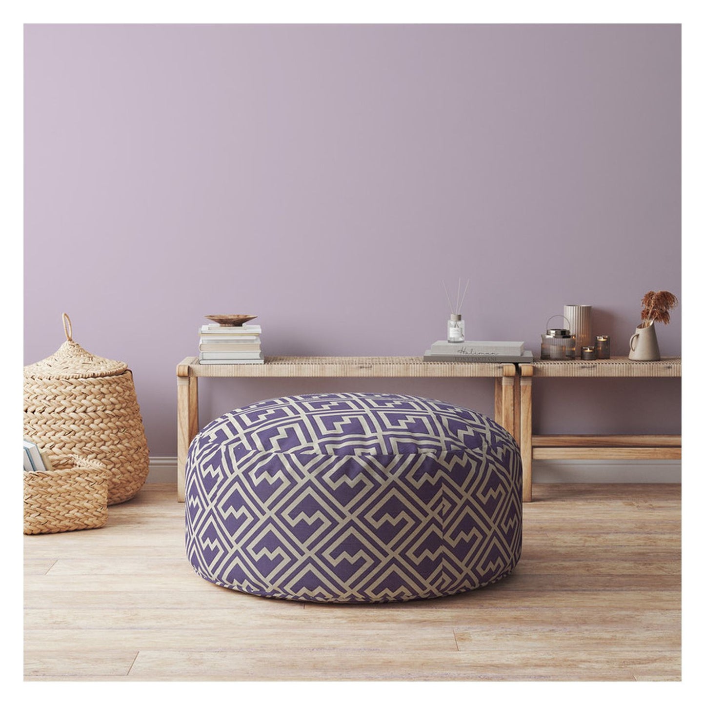 24" Purple And White Cotton Round Damask Pouf Ottoman