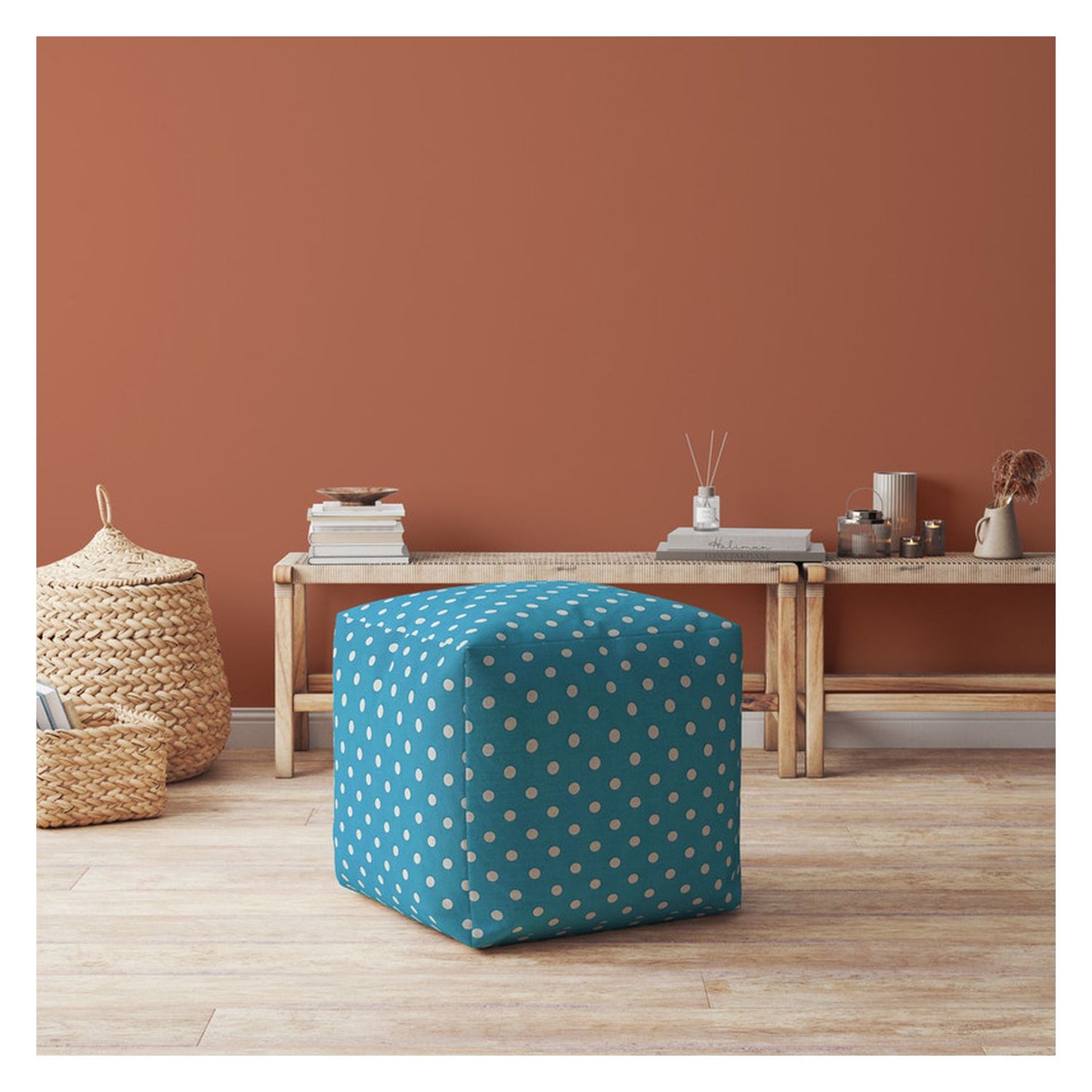 17" Blue And White Cotton Polka Dots Pouf Cover