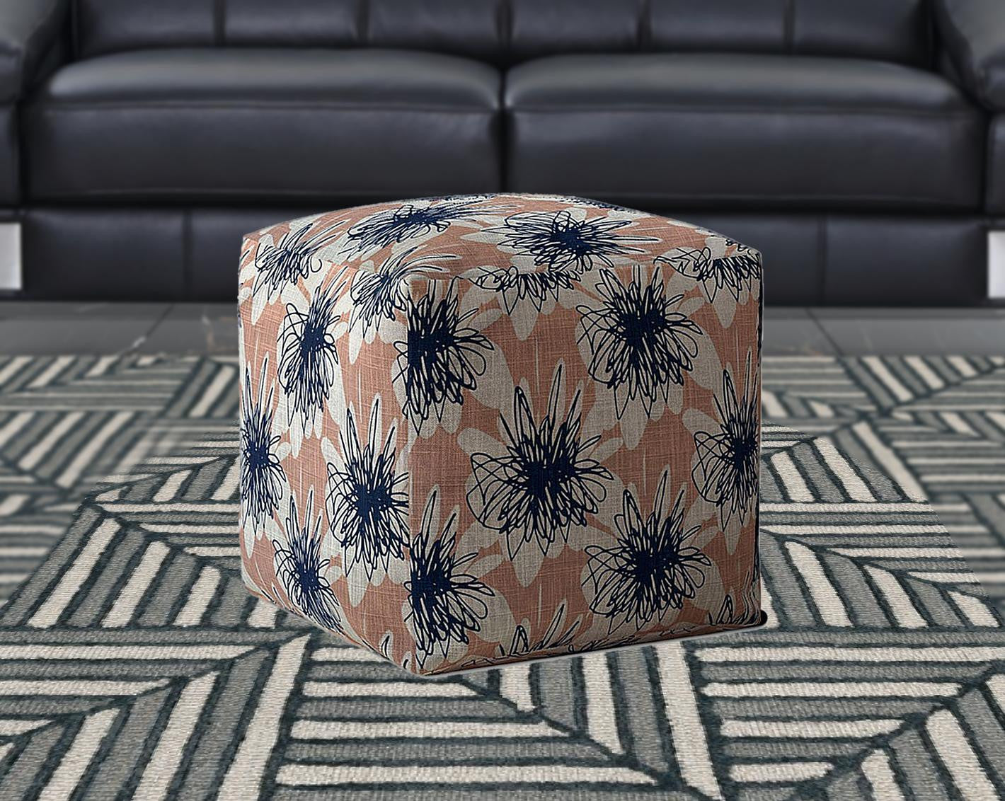 17" Pink And Blue Canvas Floral Pouf Ottoman