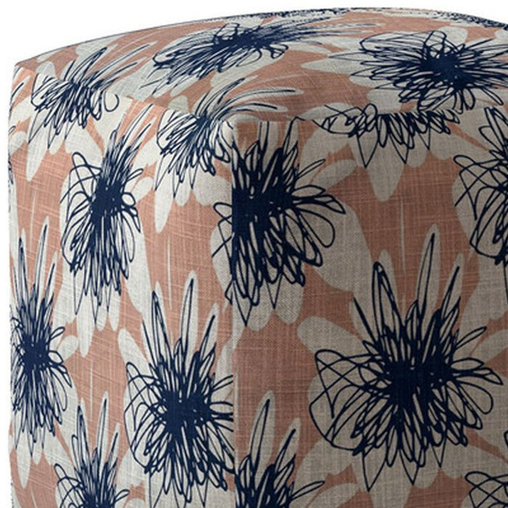 17" Pink And Blue Canvas Floral Pouf Ottoman