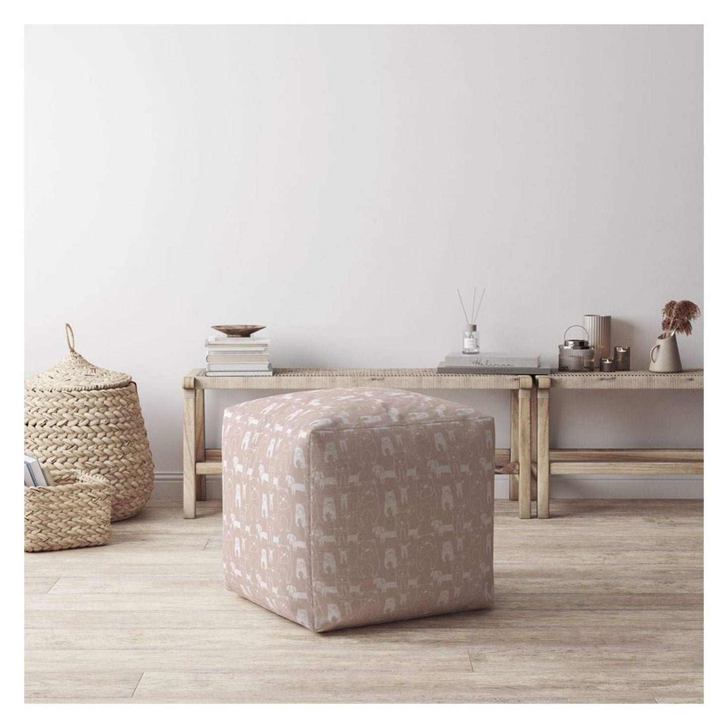 17" Pink And White Cotton Dog Pouf Cover