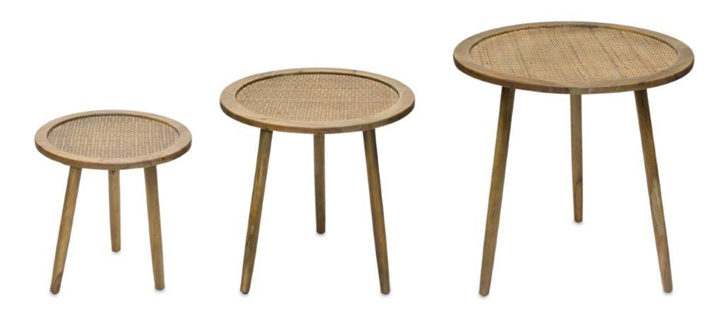 Set Of Three 23" Brown Rattan Round End Tables