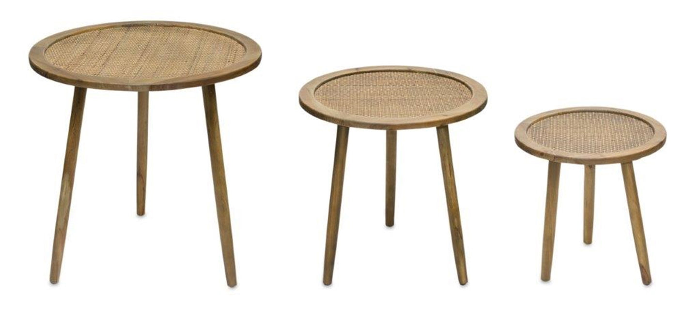 Set Of Three 23" Brown Rattan Round End Tables