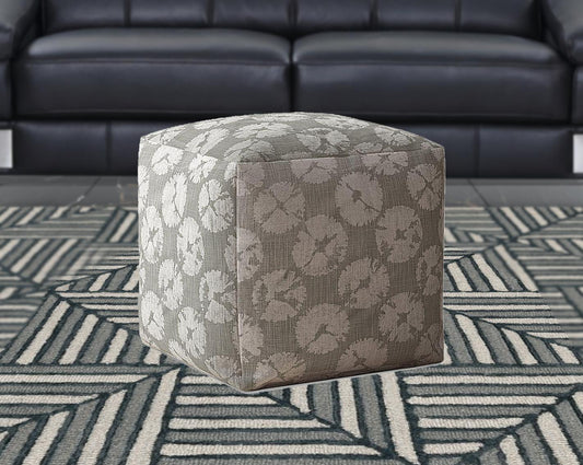 17" Gray Canvas Floral Pouf Ottoman