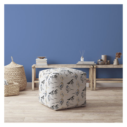 17" Yellow And White Canvas Birds Pouf Ottoman