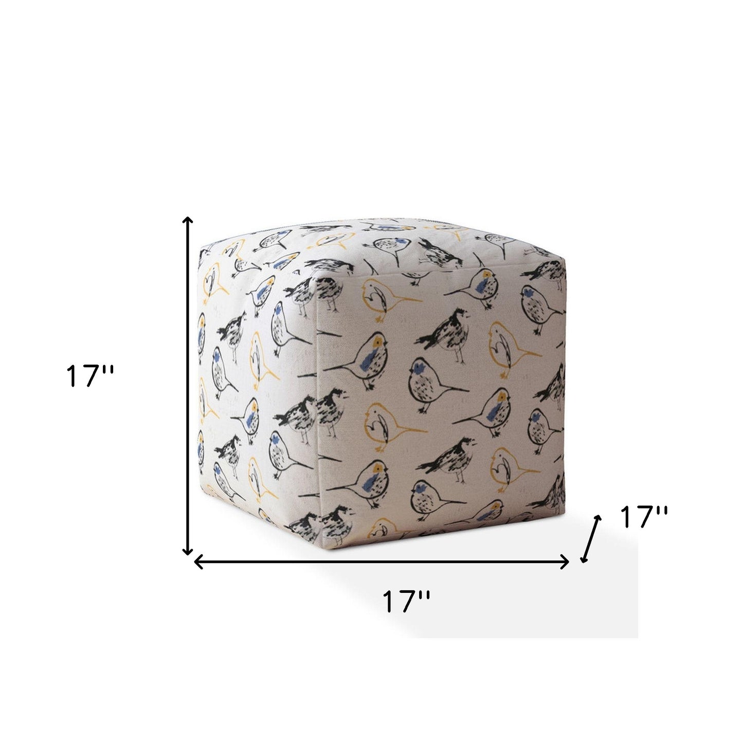 17" Yellow And White Canvas Birds Pouf Ottoman