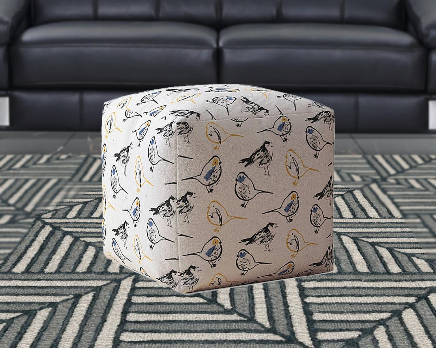 17" Yellow And White Canvas Birds Pouf Ottoman