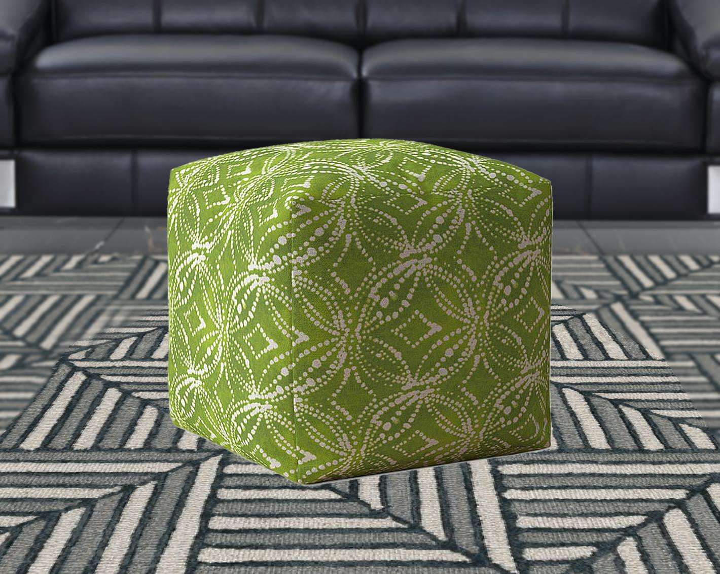 17" Green And White Cotton Damask Pouf Ottoman