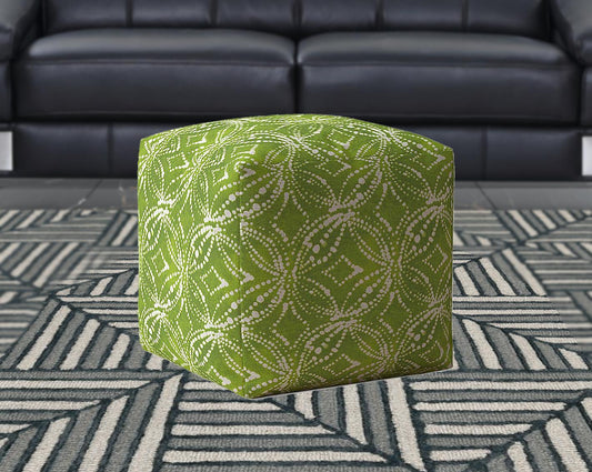 17" Green And White Cotton Damask Pouf Ottoman