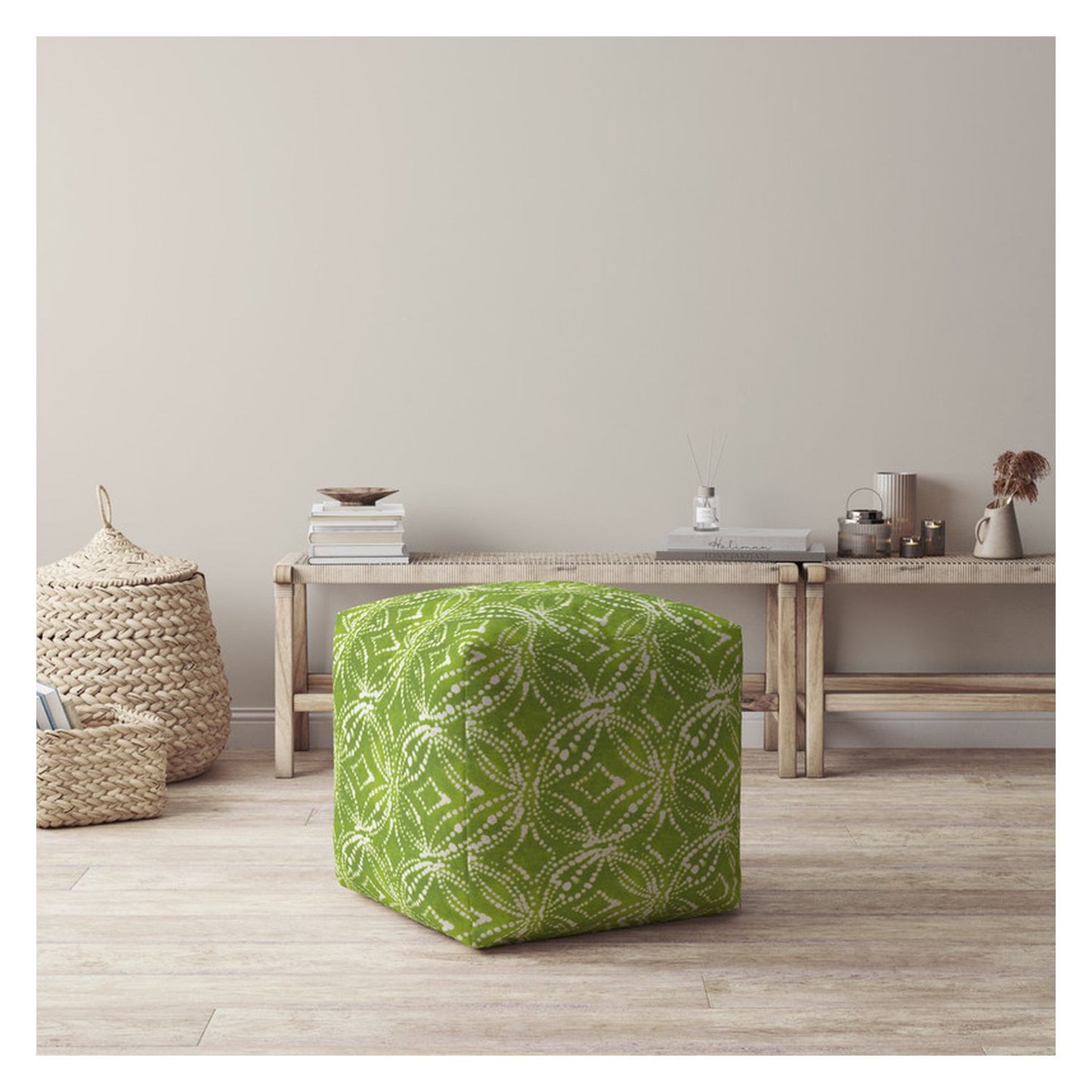 17" Green And White Cotton Damask Pouf Ottoman