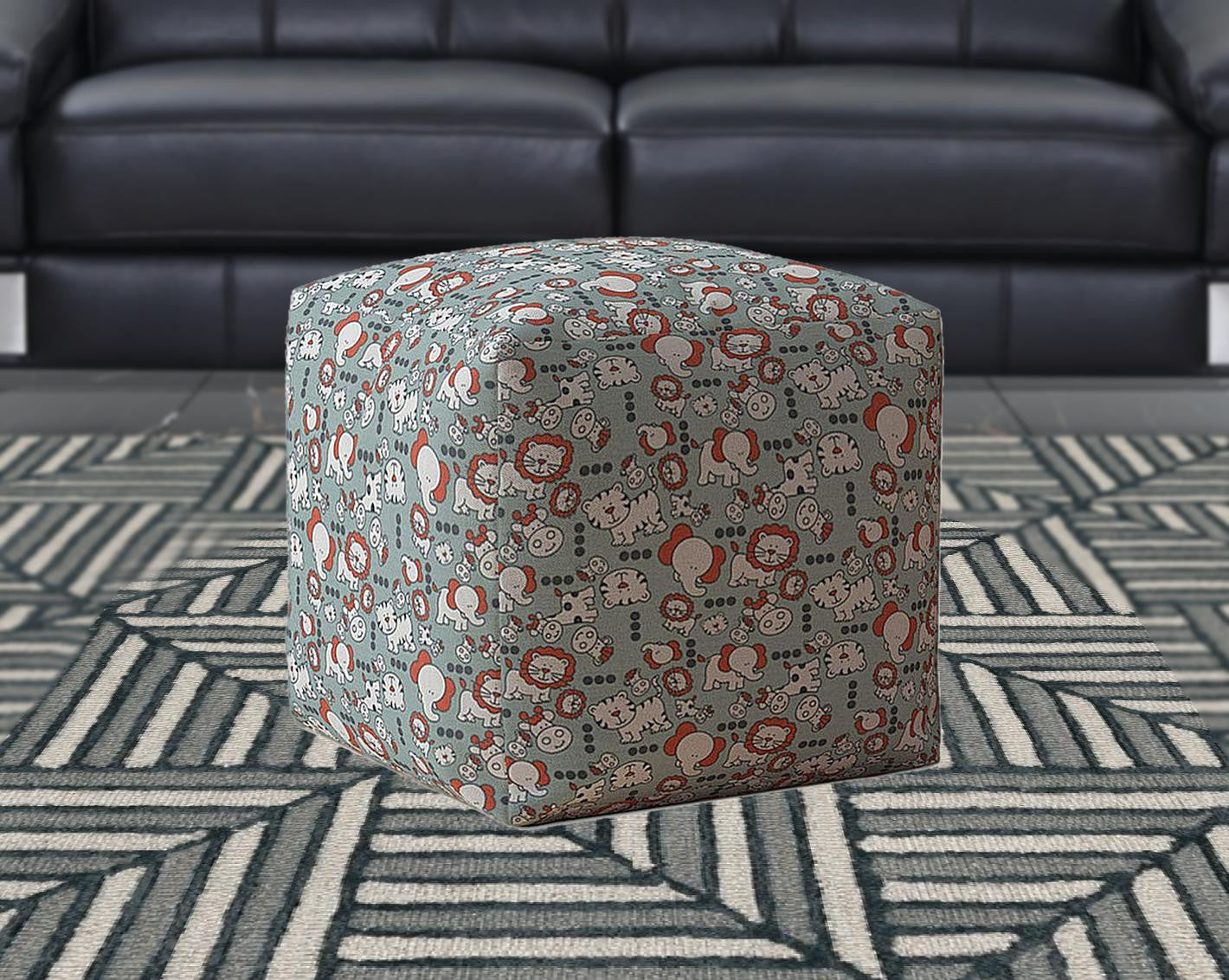 17" Gray And White Cotton Animal Print Pouf Ottoman