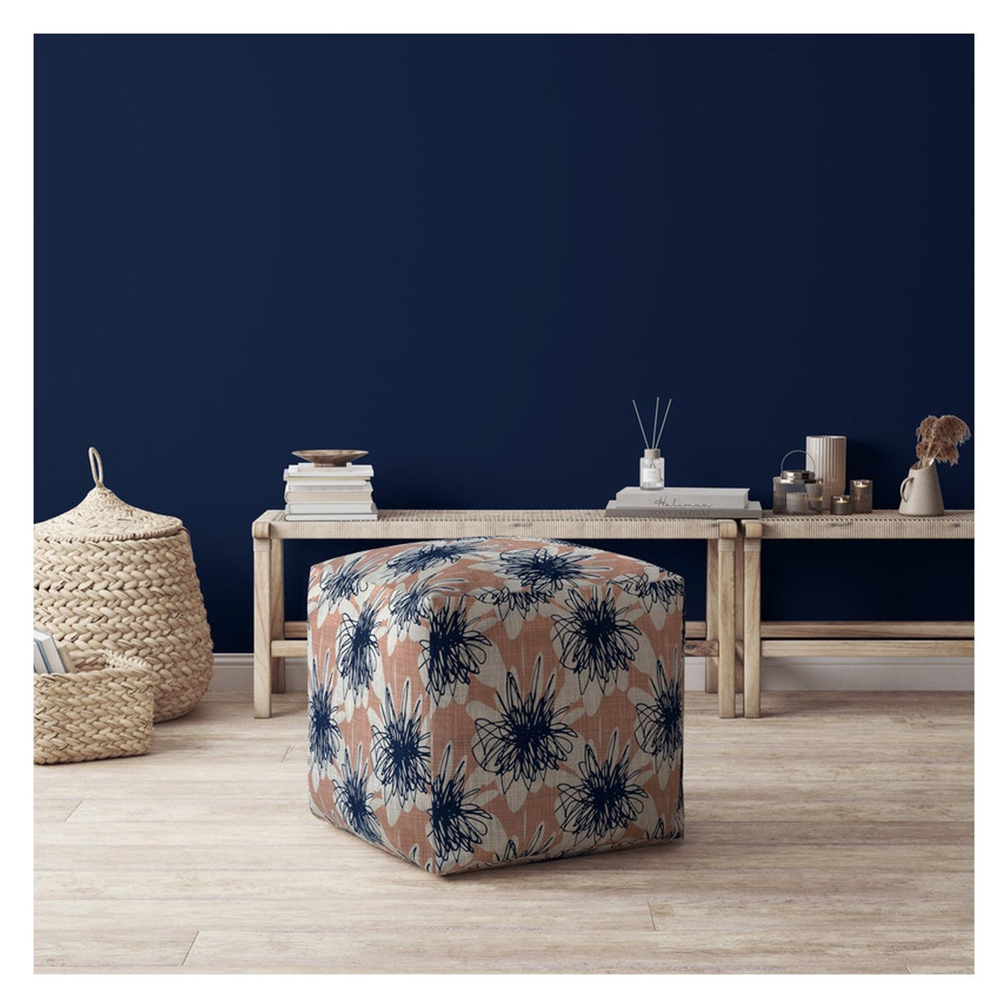 17" Pink And Blue Canvas Floral Pouf Cover