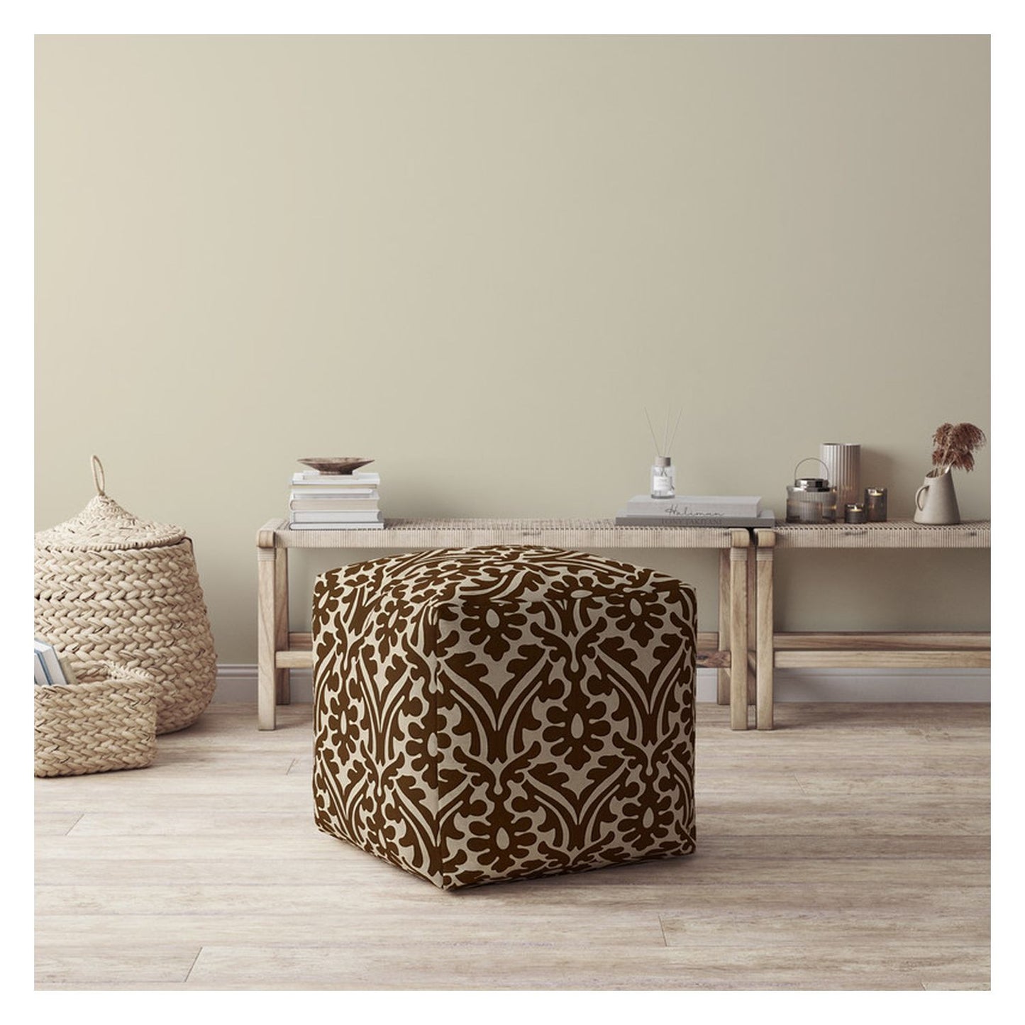 17" Brown Cotton Damask Pouf Ottoman