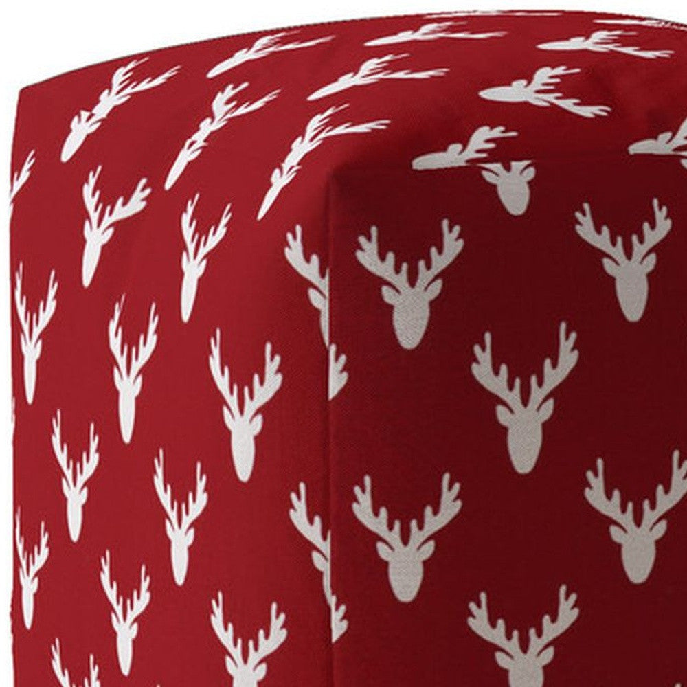 17" Red And White Cotton Stag Pouf Cover