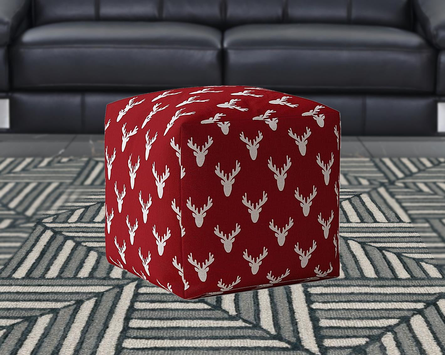 17" Red And White Cotton Stag Pouf Cover