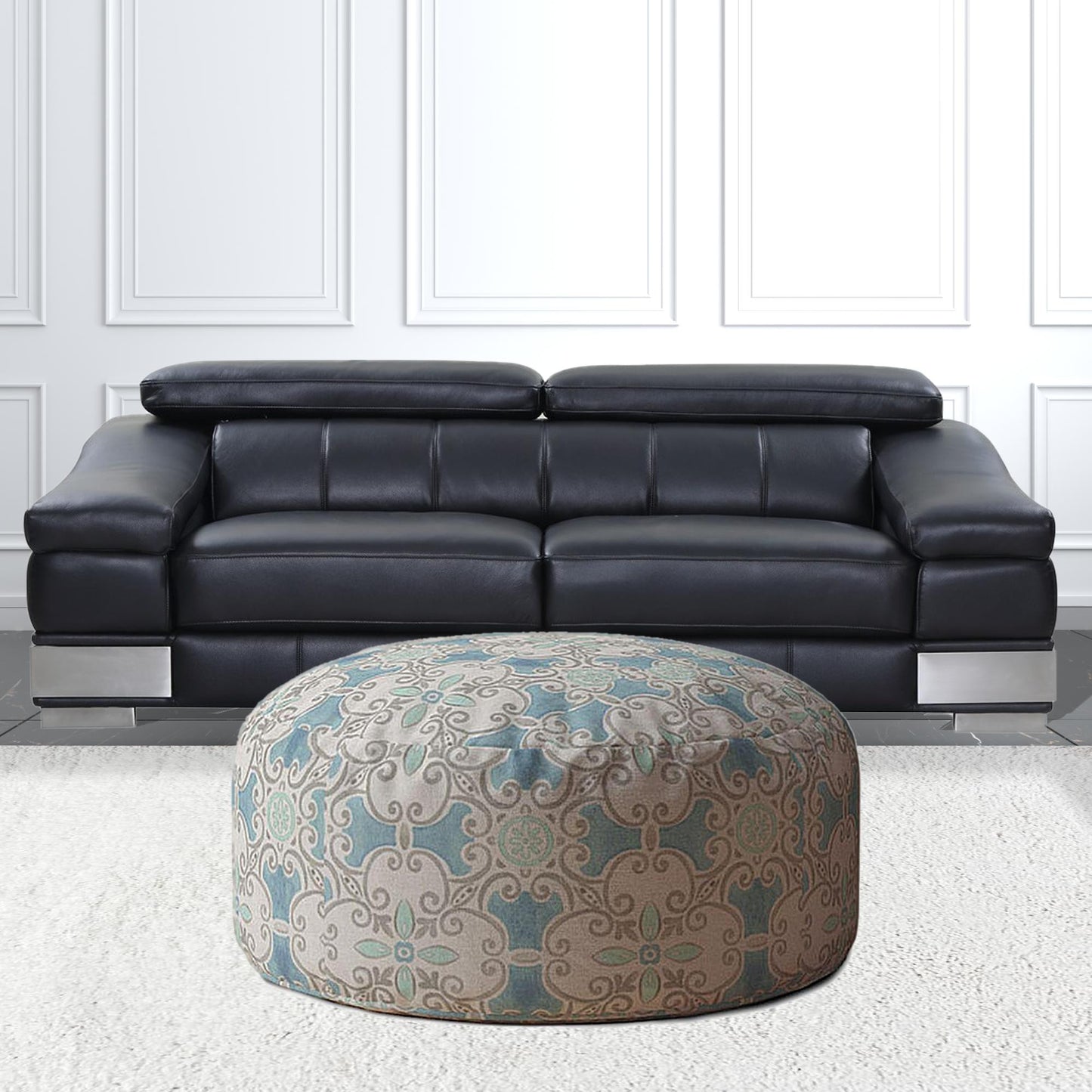 24" Blue Flax Round Ikat Pouf Cover