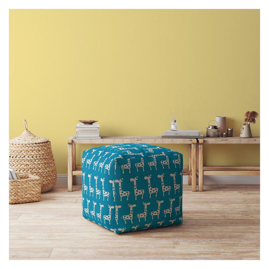 17" Blue And White Cotton Giraffe Pouf Cover