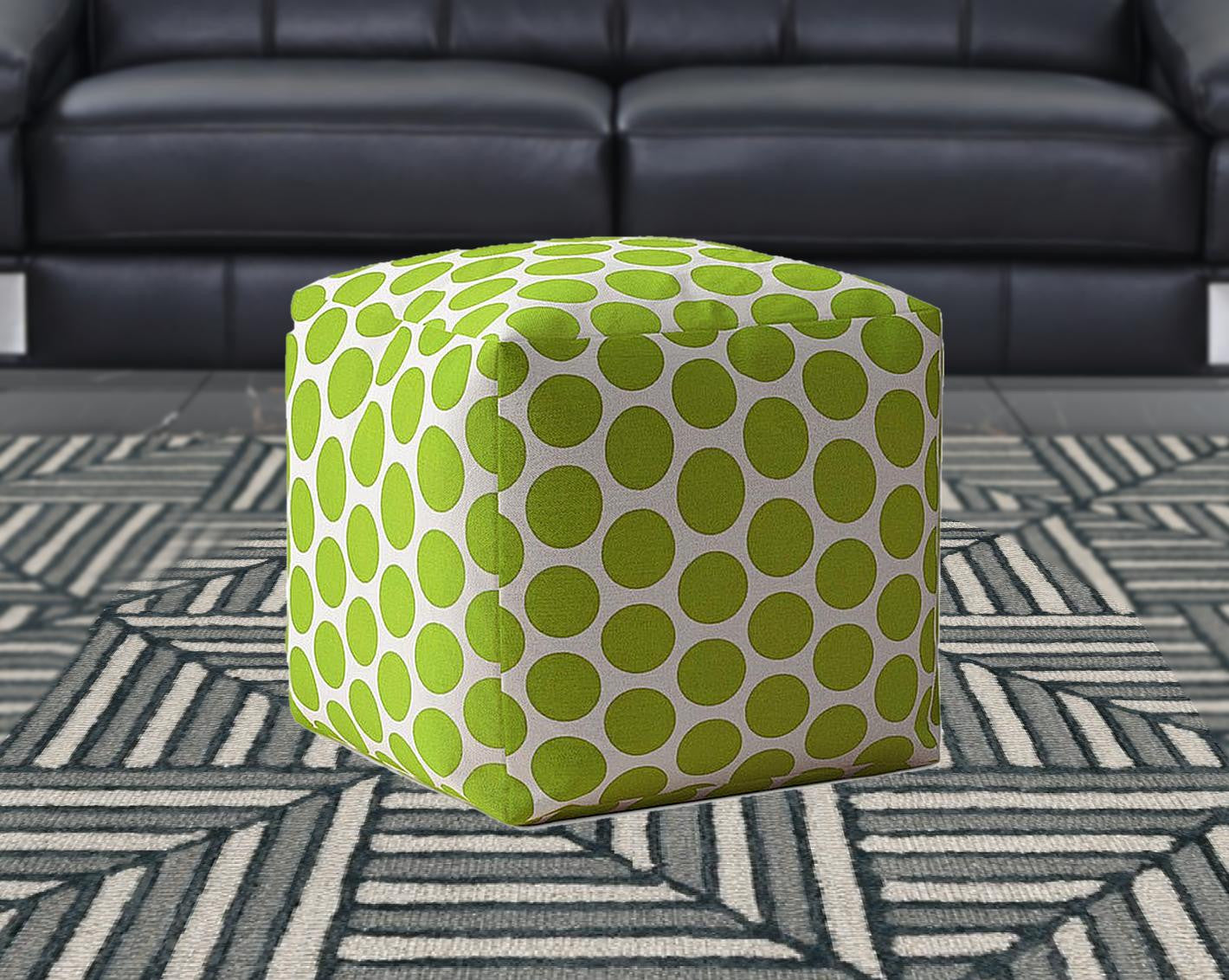 17" Green And White Cotton Polka Dots Pouf Ottoman