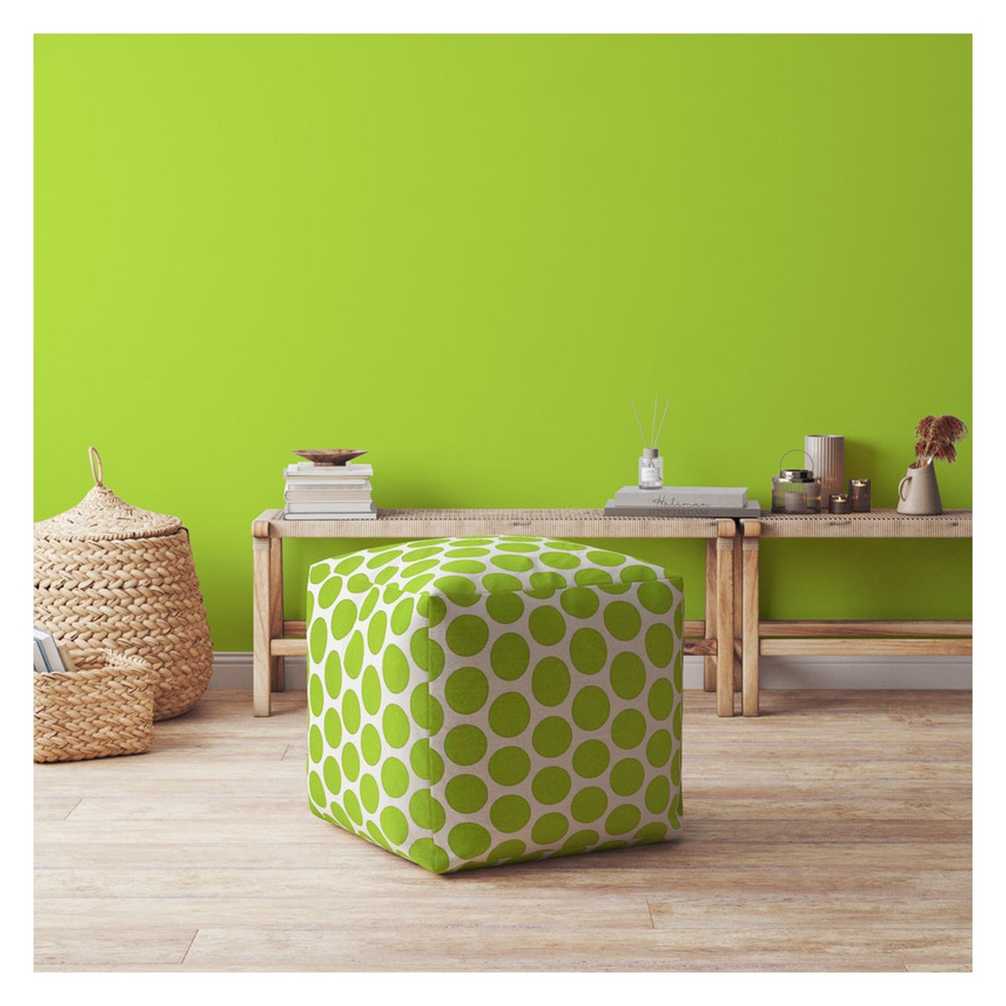 17" Green And White Cotton Polka Dots Pouf Ottoman