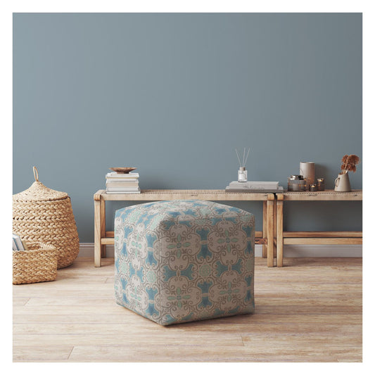 17" Blue Flax Ikat Pouf Ottoman