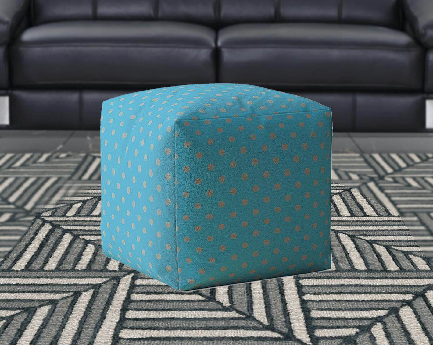 17" Blue Cotton Polka Dots Pouf Ottoman