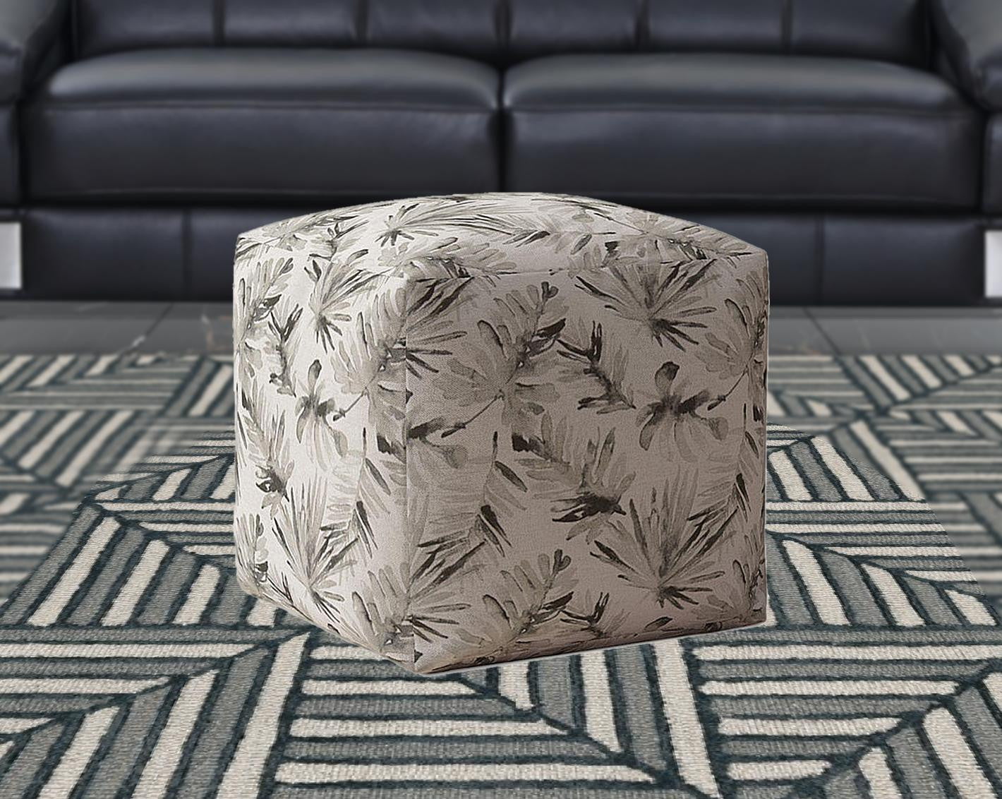 17" Beige Flax Floral Pouf Ottoman