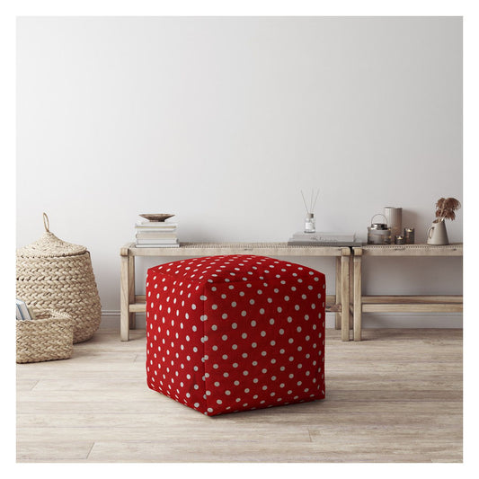 17" Red Cotton Polka Dots Pouf Ottoman