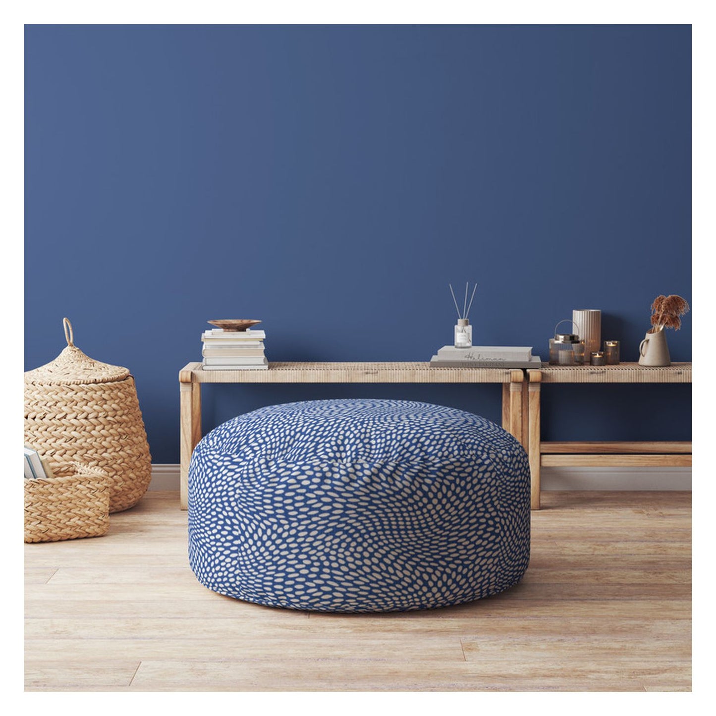 24" Blue And White Canvas Round Polka Dots Pouf Ottoman