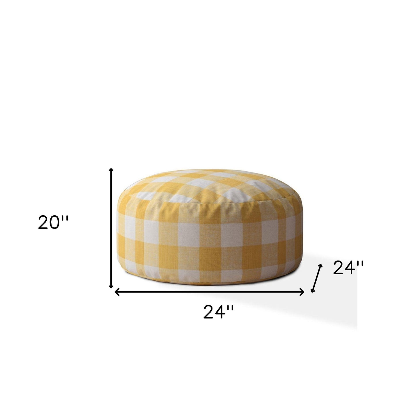 24" Yellow And White Canvas Round Gingham Pouf Ottoman