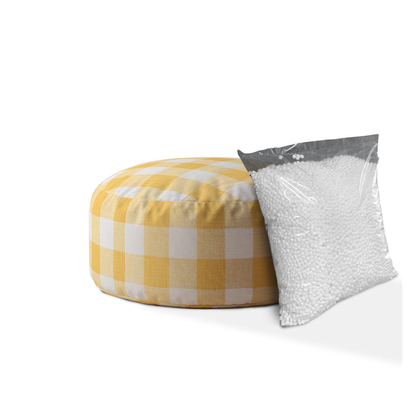 24" Yellow And White Canvas Round Gingham Pouf Ottoman