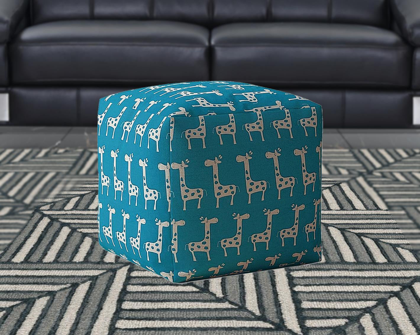 17" Blue And White Cotton Giraffe Pouf Ottoman