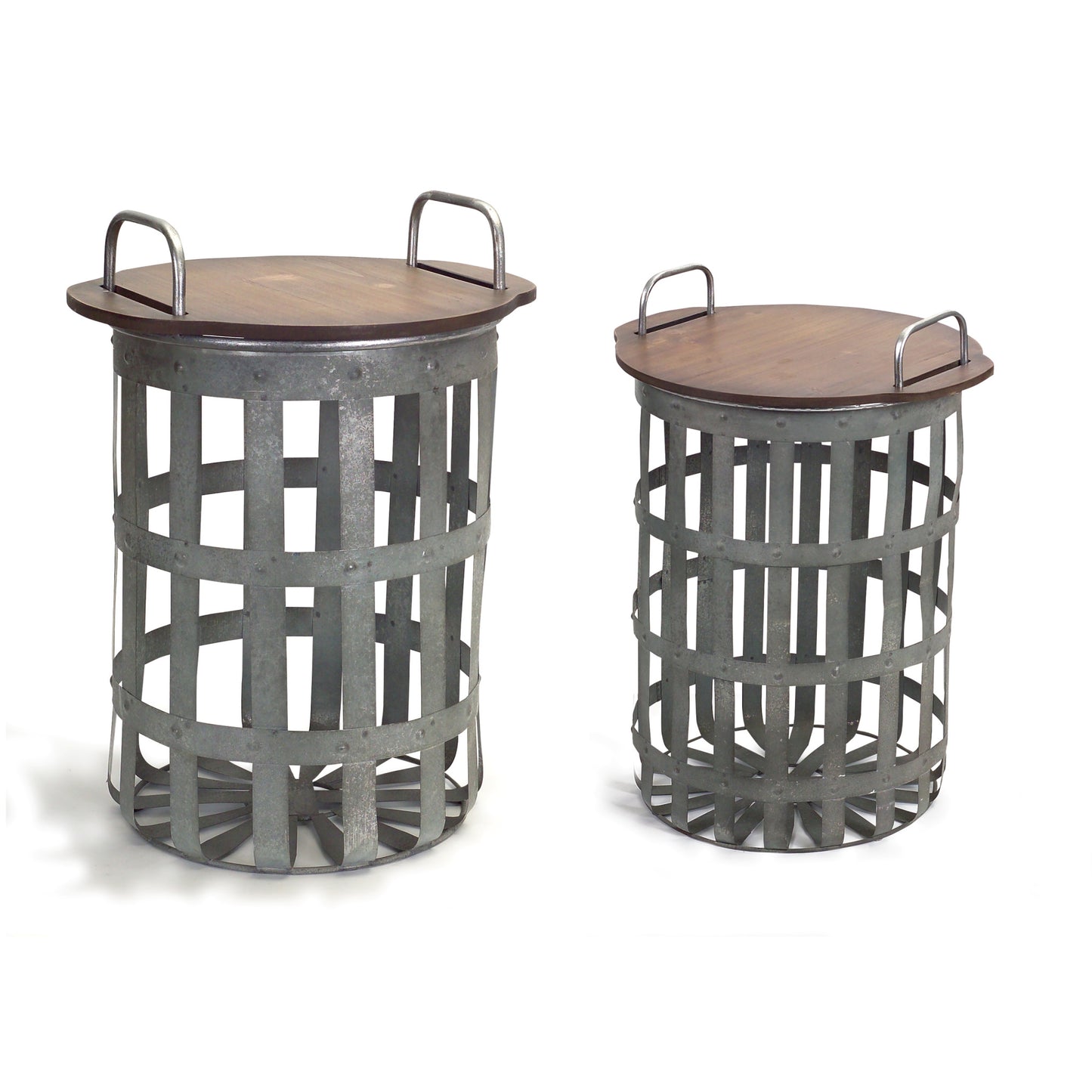 Set Of Two Grey And Brown Wood and Metal Basket Round End Tables