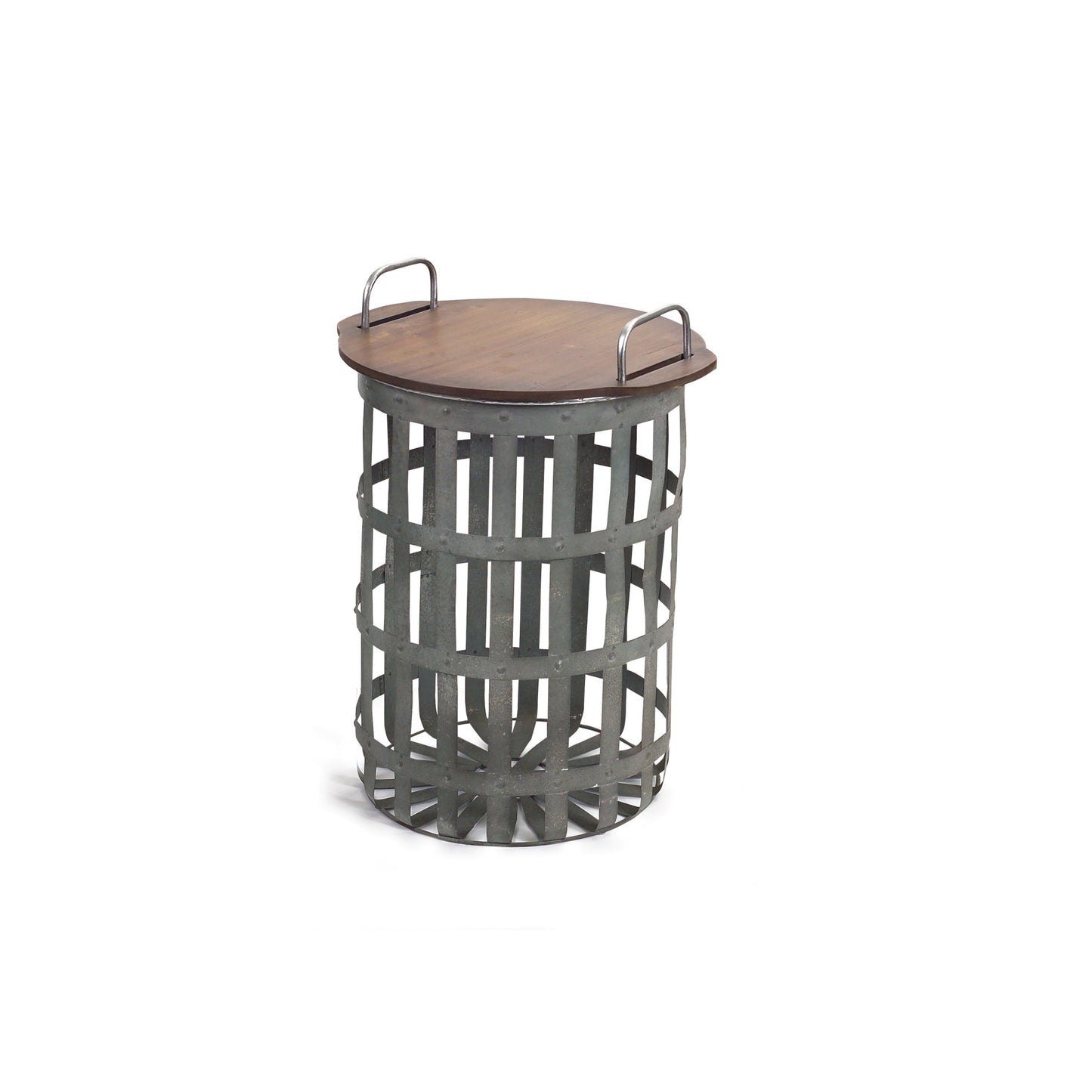 Set Of Two Grey And Brown Wood and Metal Basket Round End Tables