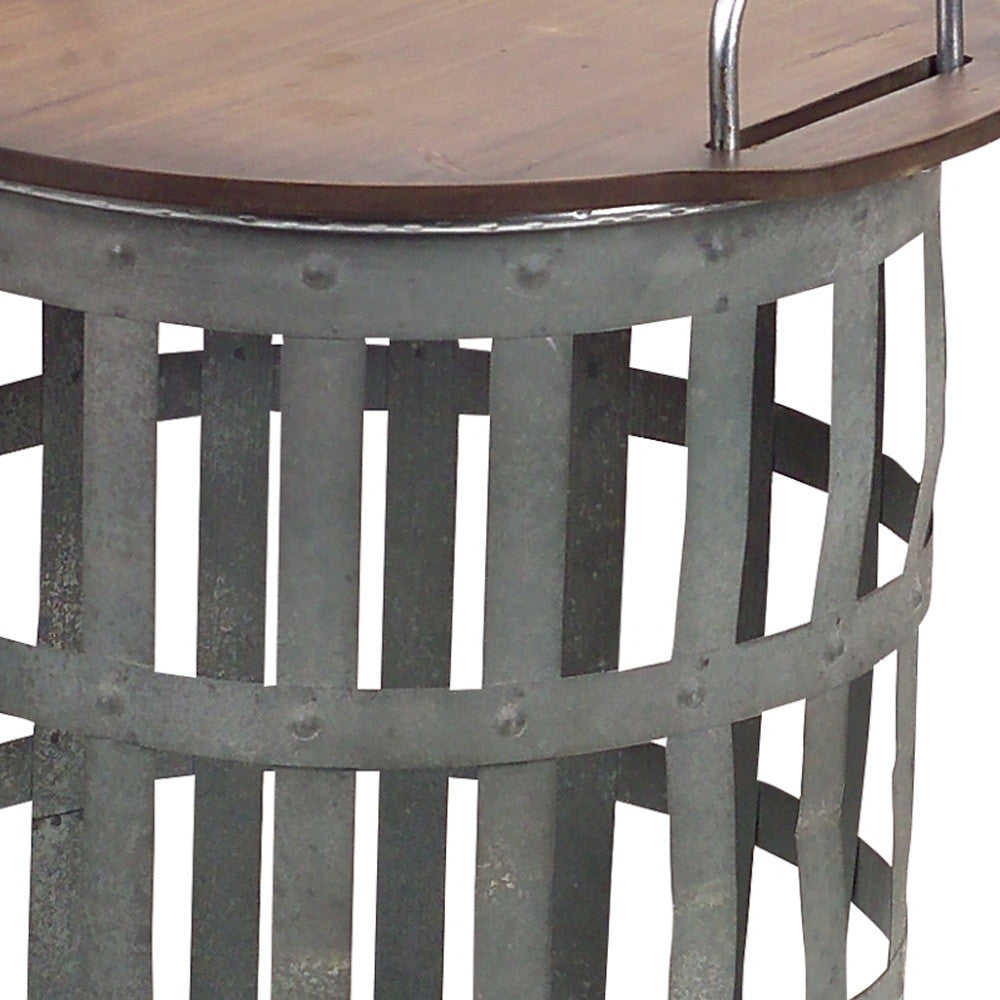 Set Of Two Grey And Brown Wood and Metal Basket Round End Tables