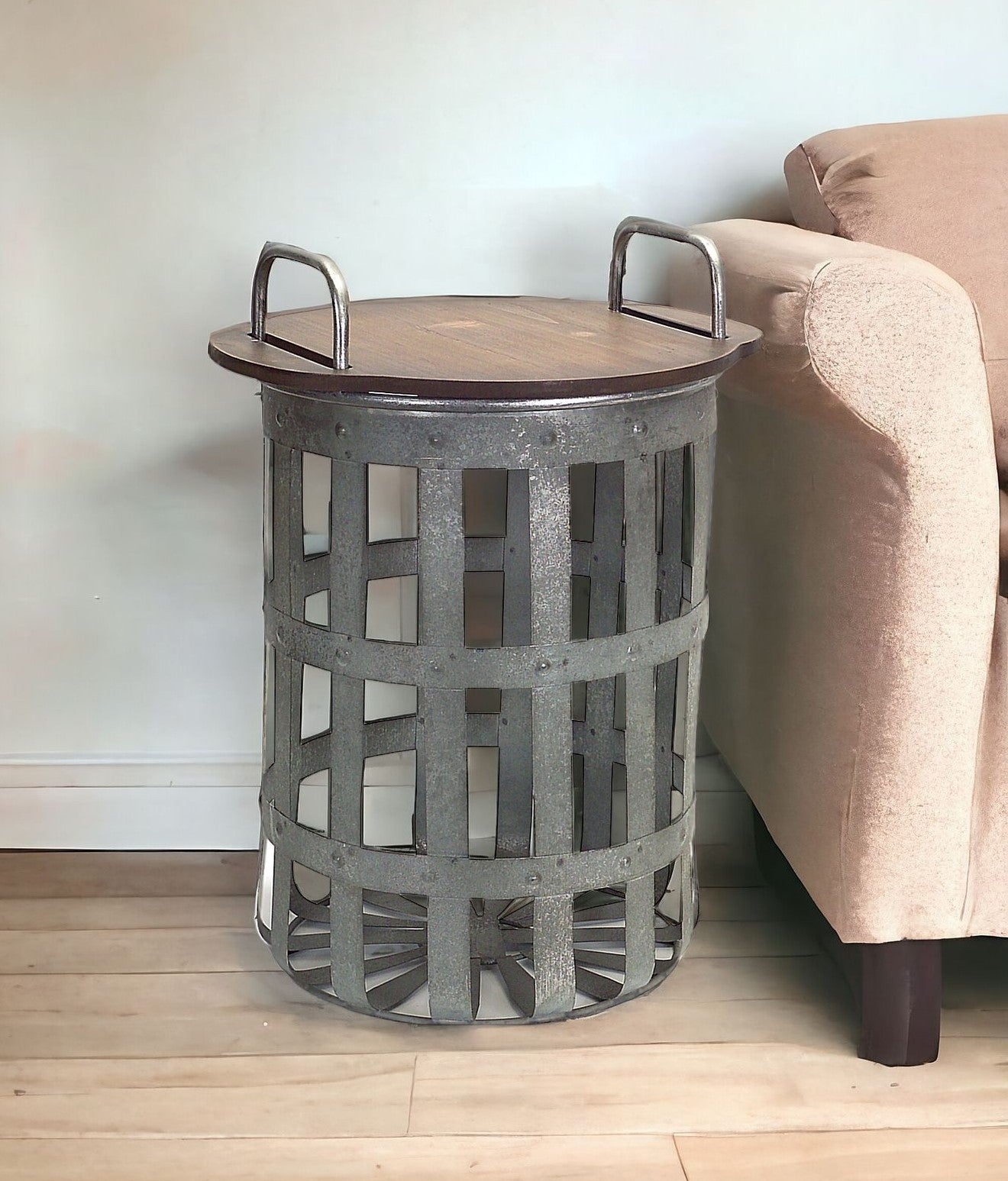 Set Of Two Grey And Brown Wood and Metal Basket Round End Tables