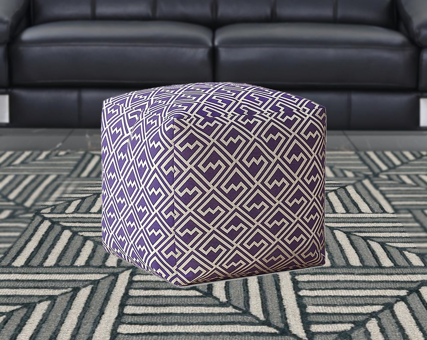 17" Purple And White Cotton Damask Pouf Ottoman