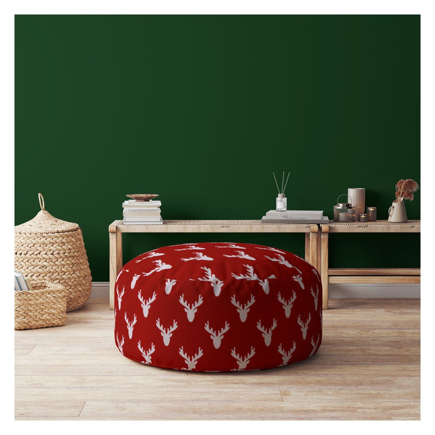 24" Red And White Cotton Round Stag Pouf Ottoman