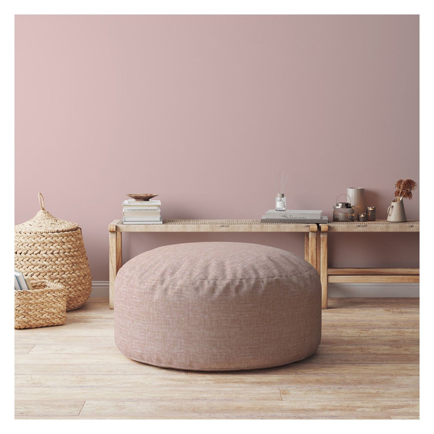 24" Pink Cotton Round Pouf Ottoman