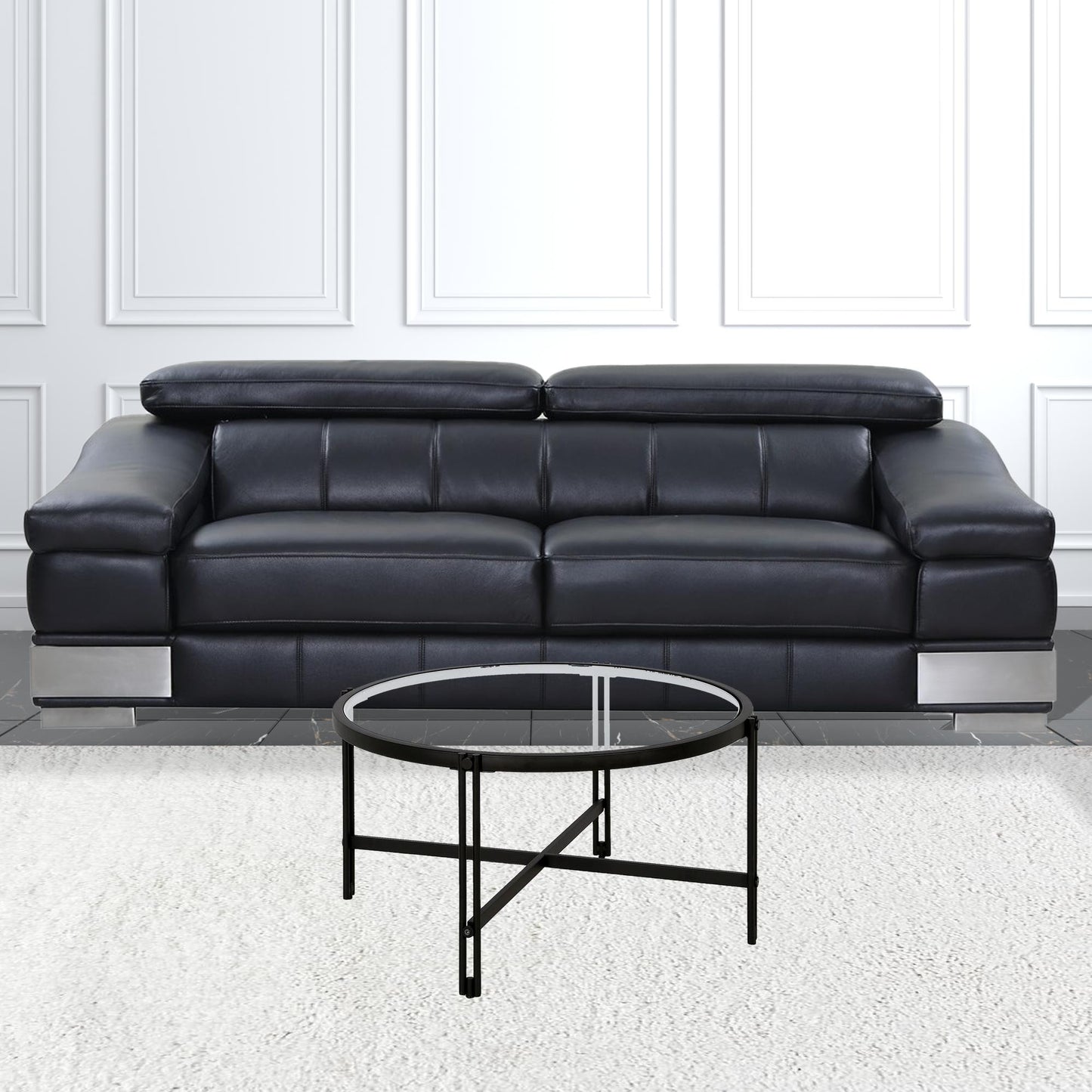 32" Black Glass And Steel Round Coffee Table