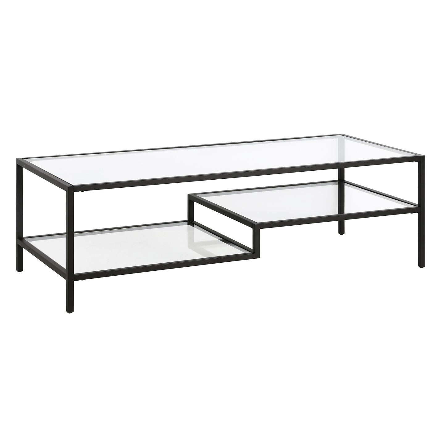 54" Black Glass And Steel Coffee Table With Two Shelves