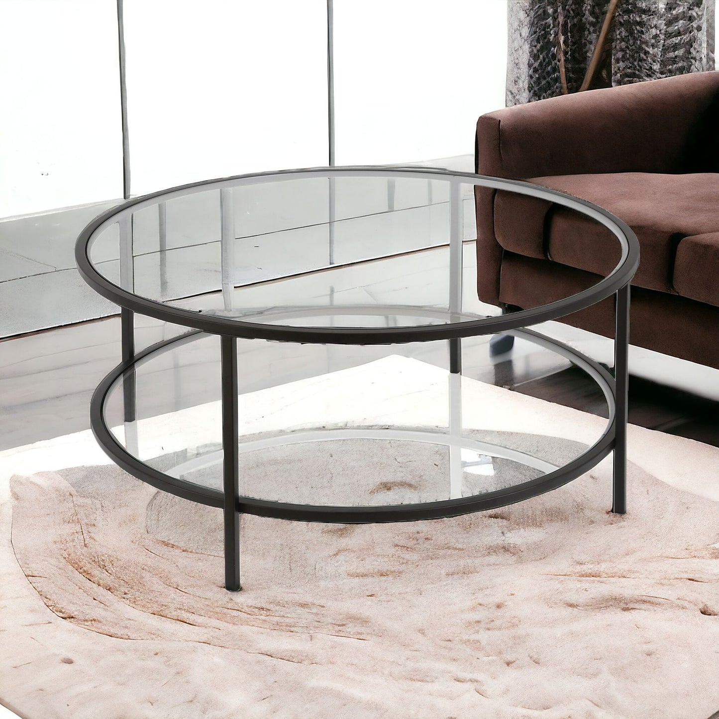 36" Black Glass And Steel Round Coffee Table With Shelf